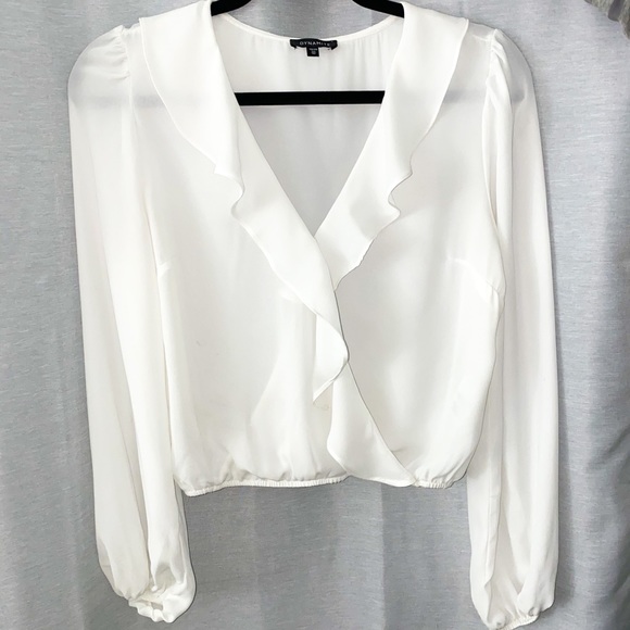 Dynamite Tops - DYNAMITE White Silky Long-Sleeve Frill Blouse